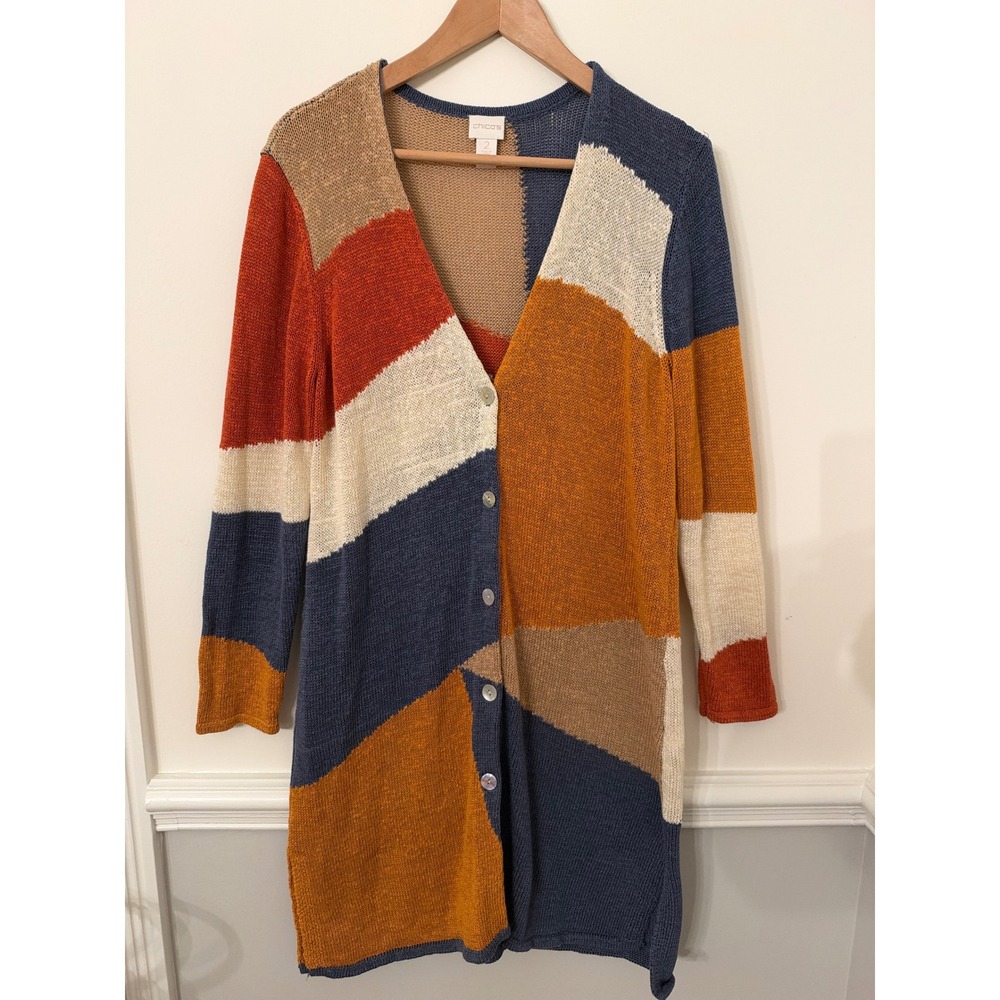 Chico's Geometric Color Block Cardigan Duster Sweater Fall Southwestern 2 Large - Picture 8 of 9